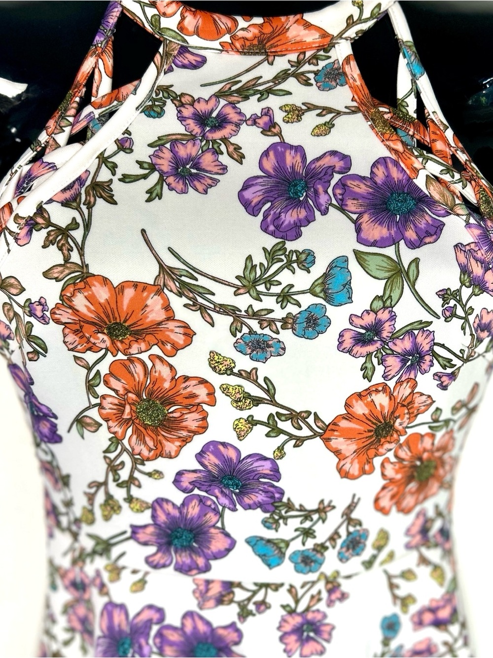 *NWOT 🌸Colorful Floral Halter Dress with Beautiful Purple, Blue & Orange Flowers - Picture 5 of 12